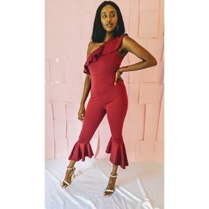 Red one shoulder jumpsuit